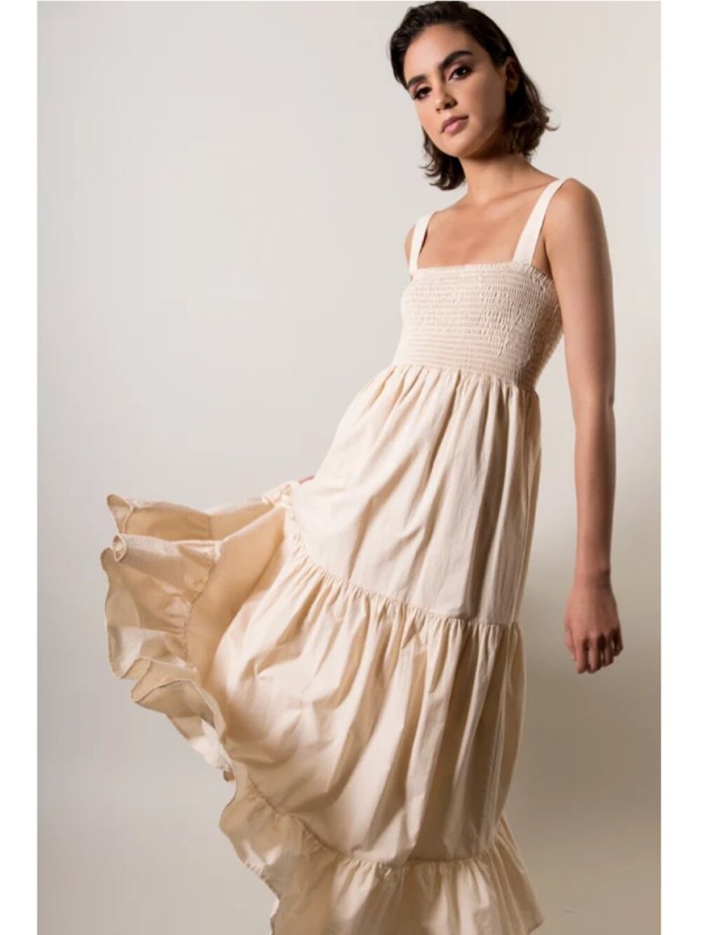 Araminta James Monaco Maxi Dress Poplin Cotton Smocked Sundress in Tan Sand L